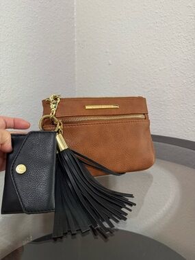 Steve Madden Brown Leather Wristlet with Black Tassel and Cardholder